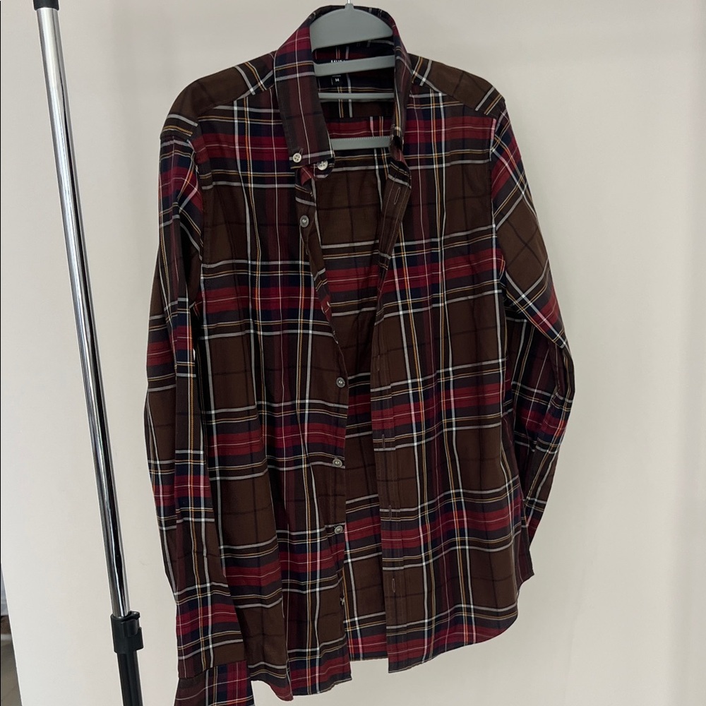 Murano Slim Fit Red and Brown Plaid Shirt